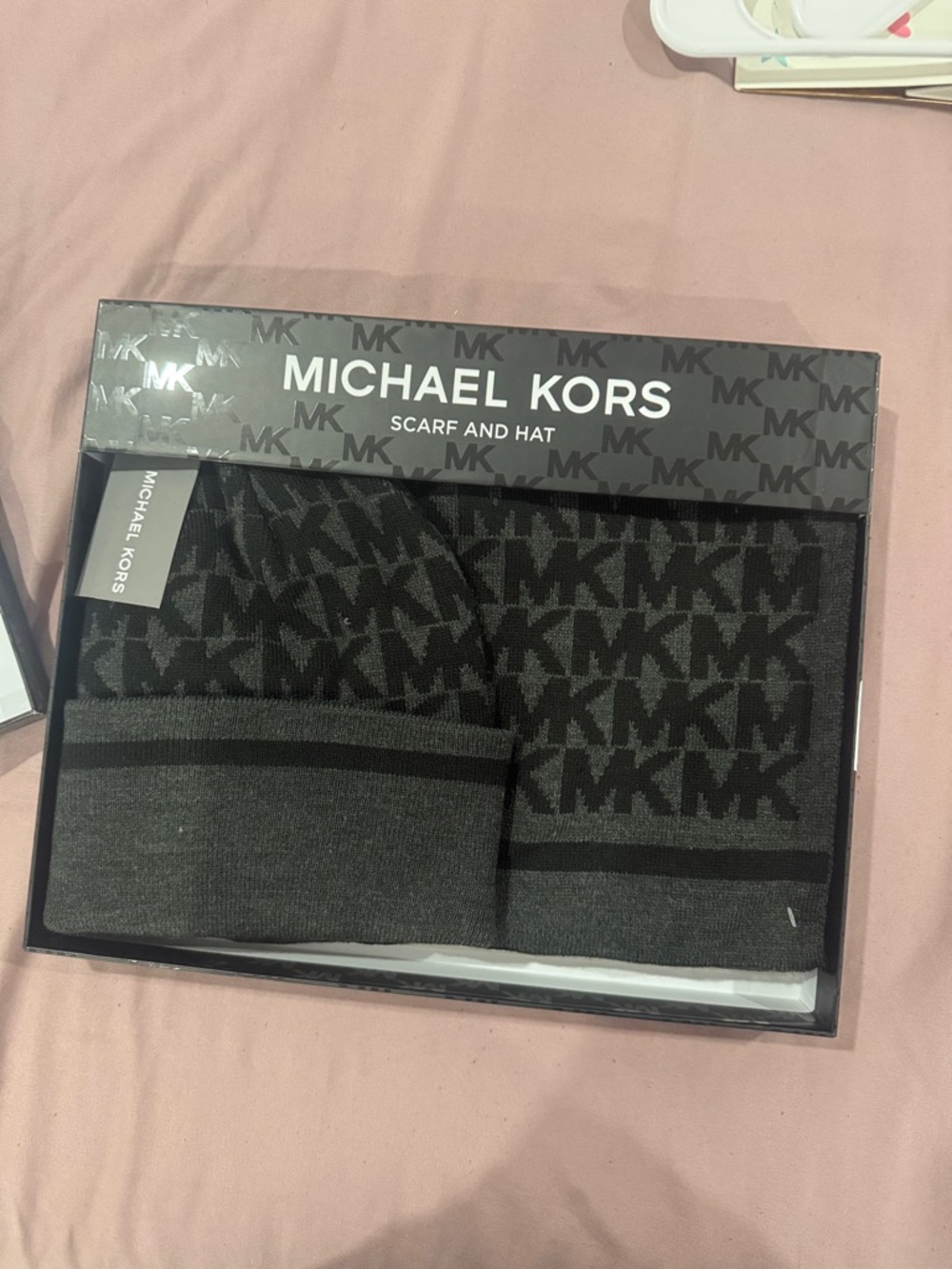 Michael Kors Black & Charcoal MK Logo Scarf and Beanie Set